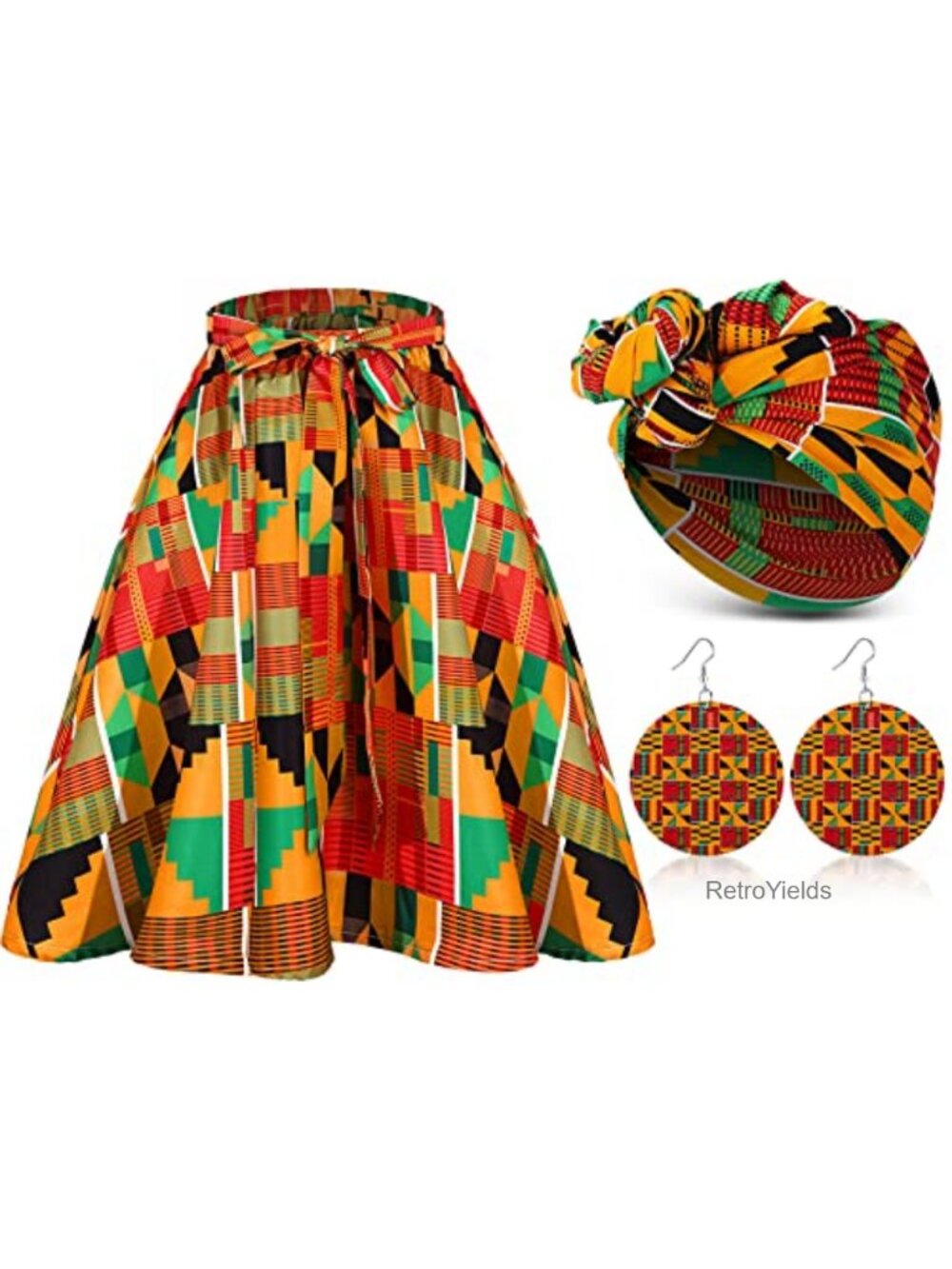 African Dashiki Skirt Set Head Wrap Earrings 3-Piece Traditional Costume